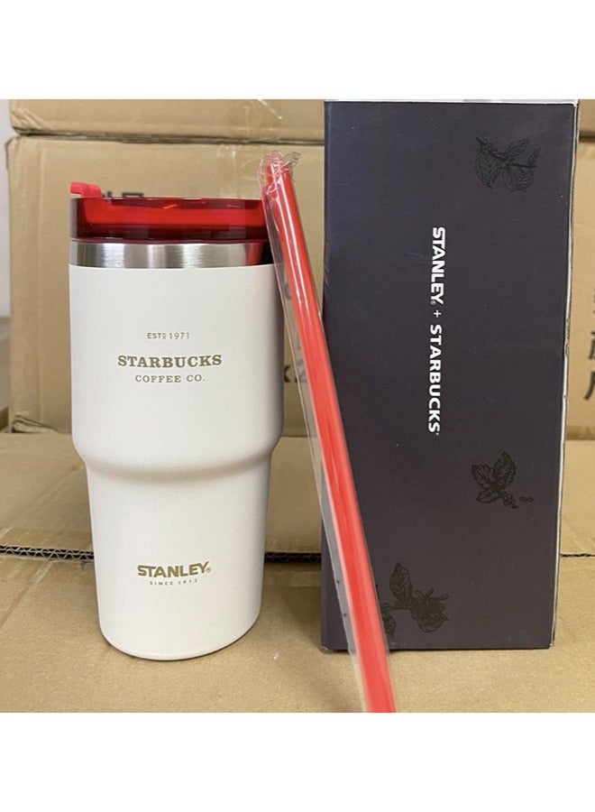 Stanley+Starbucks Insulated mug with straw lid, for water, Iced Tea or Coffee, Juice and Smoothie 20 oz,White and Red