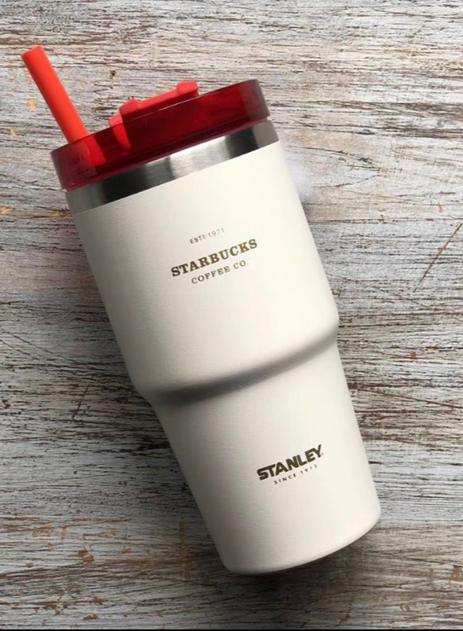 Stanley+Starbucks Insulated mug with straw lid, for water, Iced Tea or Coffee, Juice and Smoothie 20 oz,White and Red