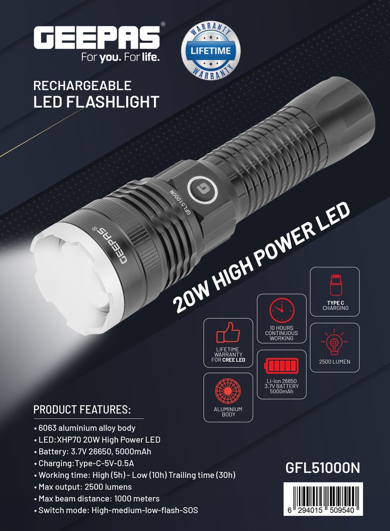 Rechargeable LED Flashlight 20W| 2500 Lumens Output Perfect for Indoor and Outdoor Use| 5000 mAh Battery 10 Hours Continuous Working C-type charging with Aluminum Housing, Lithium Battery and 1000 M Distance Covering GFL51000 Black