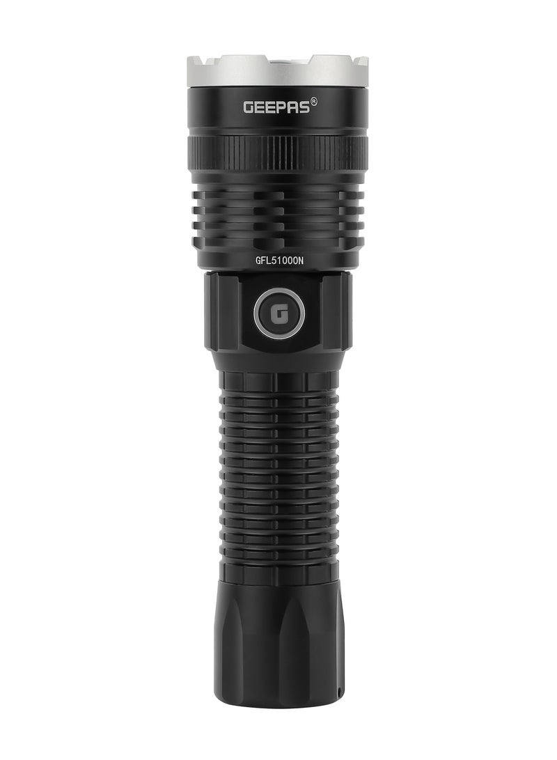 Rechargeable LED Flashlight 20W| 2500 Lumens Output Perfect for Indoor and Outdoor Use| 5000 mAh Battery 10 Hours Continuous Working C-type charging with Aluminum Housing, Lithium Battery and 1000 M Distance Covering GFL51000 Black