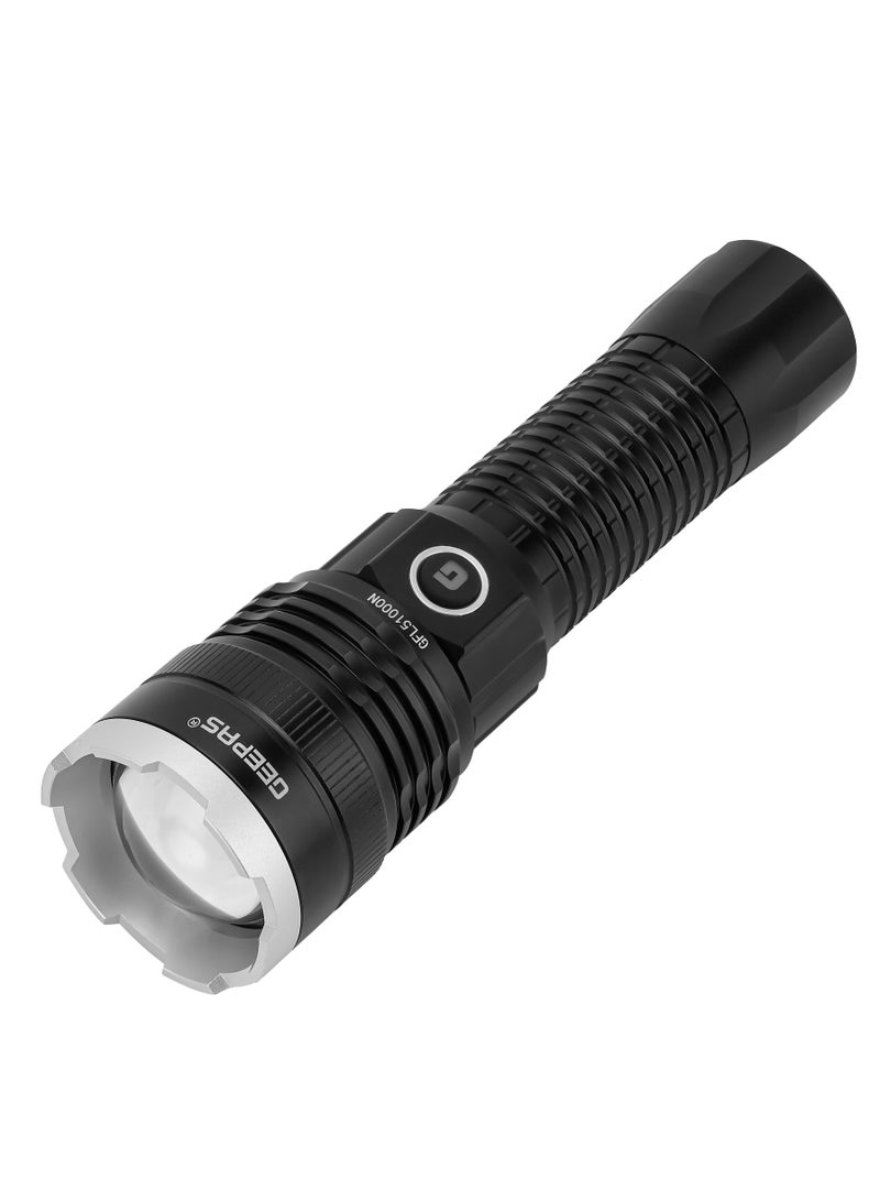 Rechargeable LED Flashlight 20W| 2500 Lumens Output Perfect for Indoor and Outdoor Use| 5000 mAh Battery 10 Hours Continuous Working C-type charging with Aluminum Housing, Lithium Battery and 1000 M Distance Covering GFL51000 Black