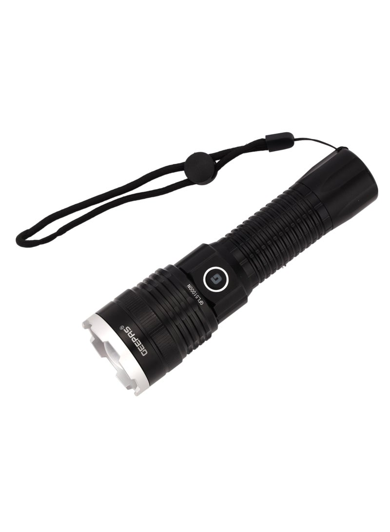 Rechargeable LED Flashlight 20W| 2500 Lumens Output Perfect for Indoor and Outdoor Use| 5000 mAh Battery 10 Hours Continuous Working C-type charging with Aluminum Housing, Lithium Battery and 1000 M Distance Covering GFL51000 Black