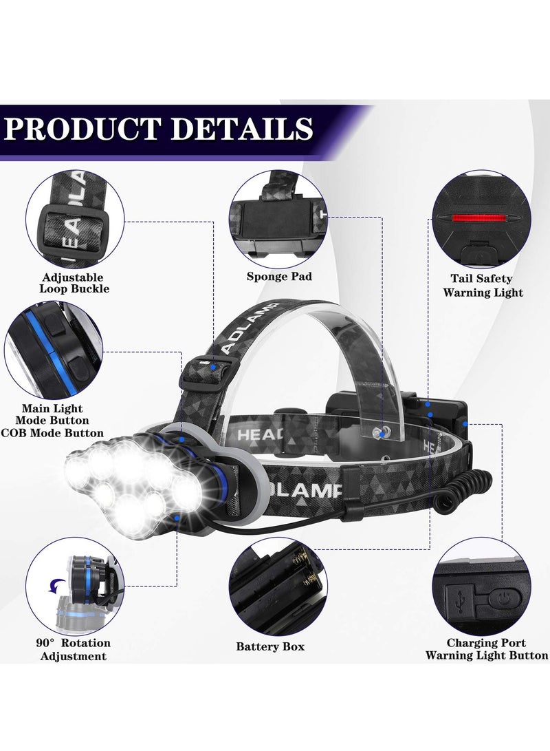 Rechargeable Headlamp - Ultra Bright 18000 Lumens, 8 Adjustable Lighting Modes, Lightweight & Waterproof Design - Ideal for Camping, Fishing, Hiking, Running, and Outdoor Activities