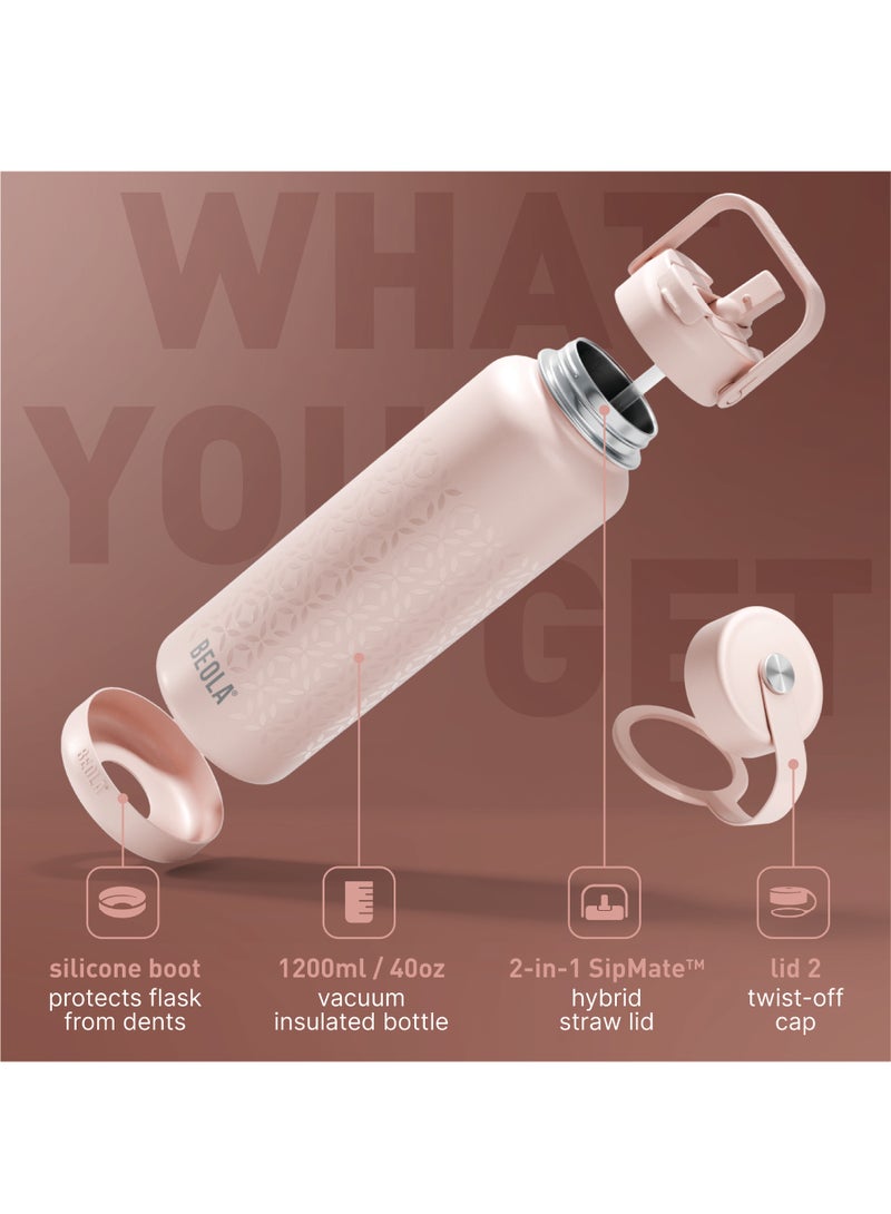 1200ml Water Bottle 18/8 Stainless Steel 304 Double Wall Insulated Thermos Bottle with a wide mouth, 2 lids included, Hot Cold Liquids Sports Bottle, 40oz Bottle (Blush Pink)