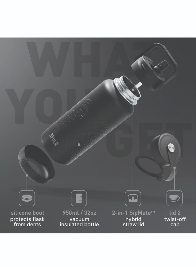 950ml Water Bottle 18/8 Stainless Steel 304 Double Wall Insulated Thermos Bottle with Straw Lid and wide mouth, 2 lids included, Hot Cold Liquids Sports Bottle, 32oz (Mountain Black)