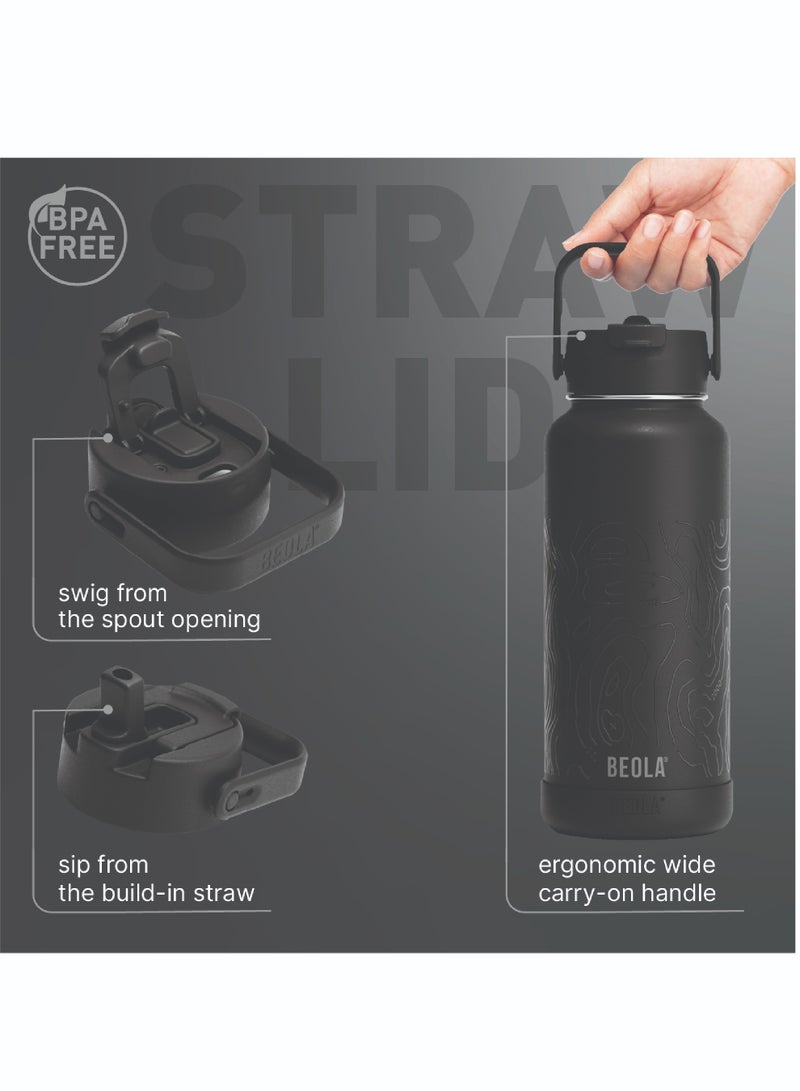 950ml Water Bottle 18/8 Stainless Steel 304 Double Wall Insulated Thermos Bottle with Straw Lid and wide mouth, 2 lids included, Hot Cold Liquids Sports Bottle, 32oz (Mountain Black)