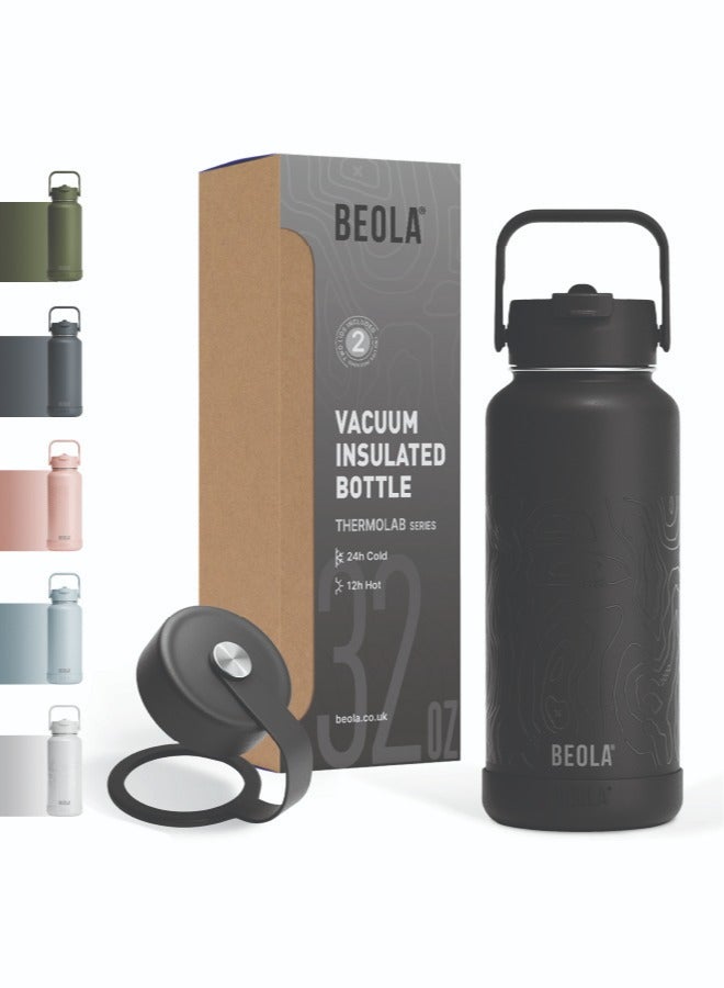 950ml Water Bottle 18/8 Stainless Steel 304 Double Wall Insulated Thermos Bottle with Straw Lid and wide mouth, 2 lids included, Hot Cold Liquids Sports Bottle, 32oz (Mountain Black)