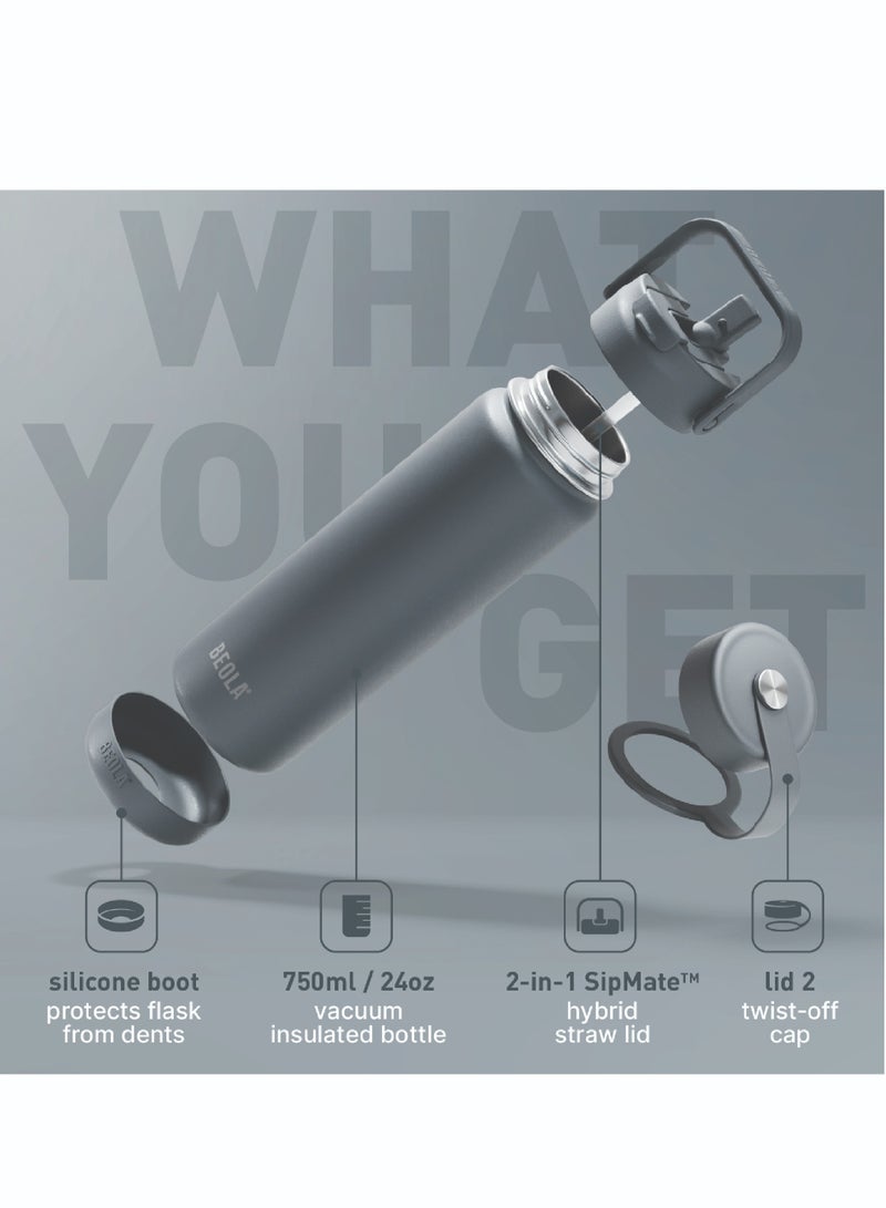750ml Water Bottle 18/8 Stainless Steel 304 Double Wall Insulated Thermos Bottle with Straw Lid and wide mouth, 2 lids included, Hot Cold Liquids Sports Bottle, 24oz (Lava Gray)