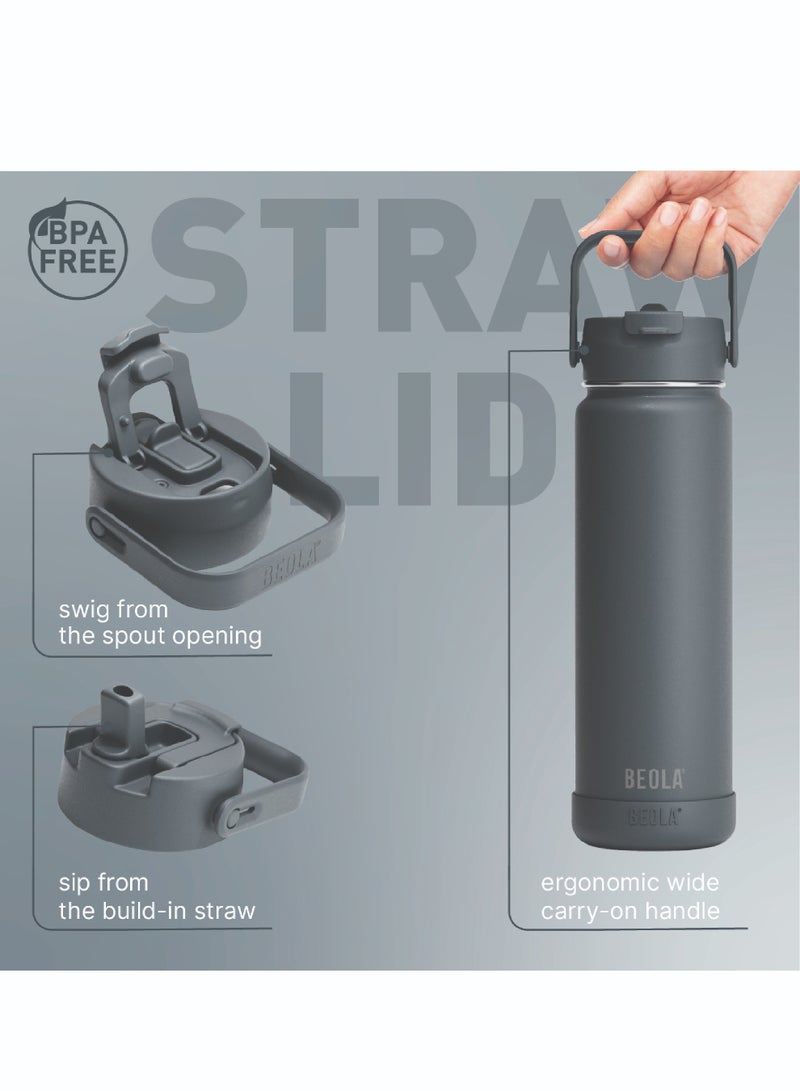 750ml Water Bottle 18/8 Stainless Steel 304 Double Wall Insulated Thermos Bottle with Straw Lid and wide mouth, 2 lids included, Hot Cold Liquids Sports Bottle, 24oz (Lava Gray)