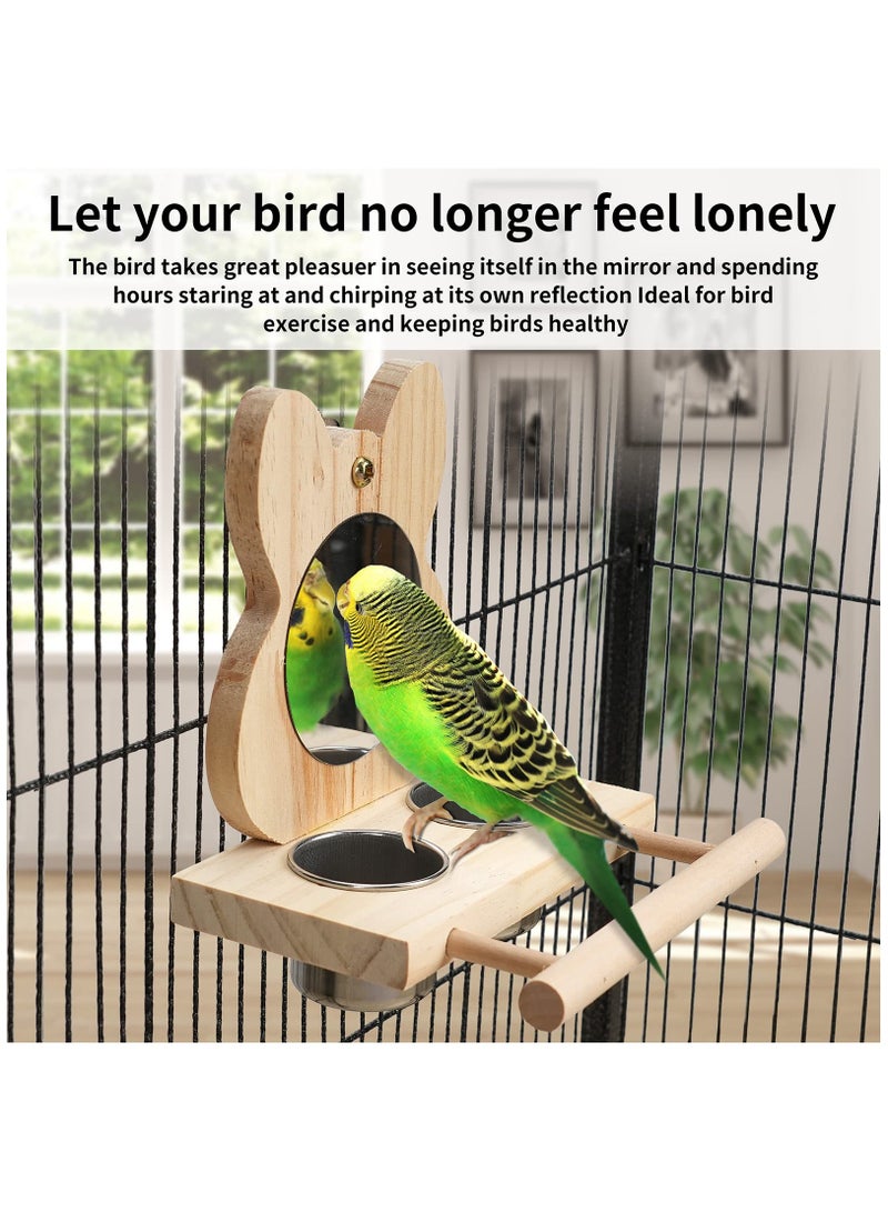 Wooden Bird Perch with Mirror and Stainless Steel Cups for Budgies, Parakeets, Lovebirds, and Macaws - Fun and Functional Bird Toy