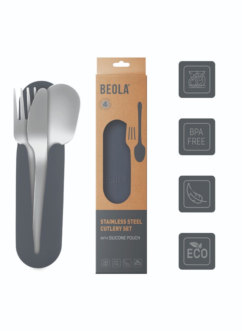 BEOLA Stainless Steel Cutlery Set, Travel Utensils Set with Silicone Case Pouch, Fork Spoon Knife Camping Set, Cutlery Set for Kids School, Set of 4 (Lava Gray)