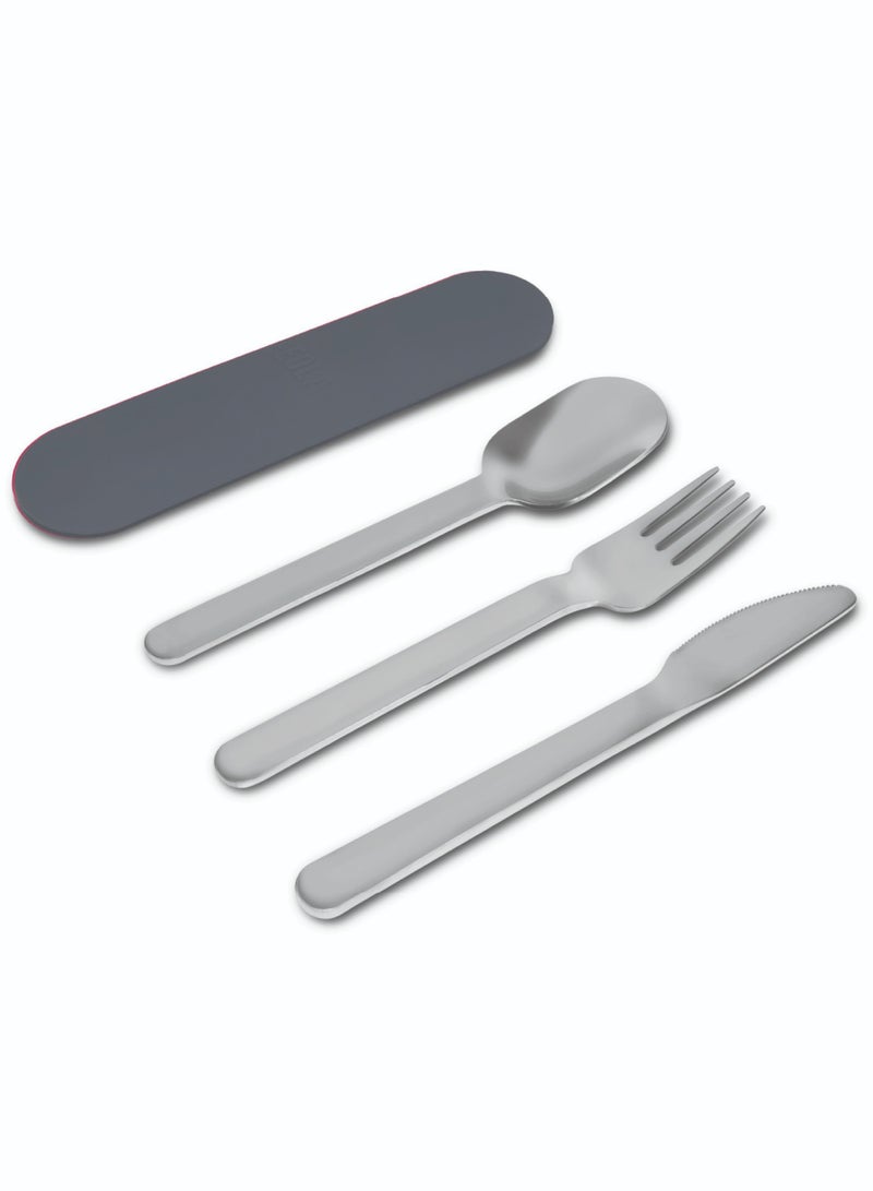 BEOLA Stainless Steel Cutlery Set, Travel Utensils Set with Silicone Case Pouch, Fork Spoon Knife Camping Set, Cutlery Set for Kids School, Set of 4 (Lava Gray)