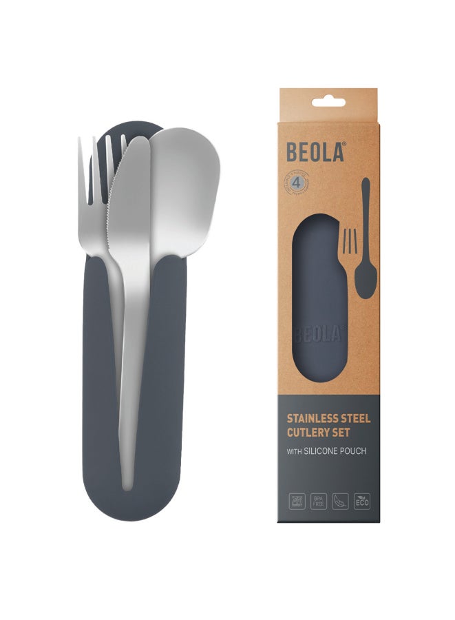 BEOLA Stainless Steel Cutlery Set, Travel Utensils Set with Silicone Case Pouch, Fork Spoon Knife Camping Set, Cutlery Set for Kids School, Set of 4 (Lava Gray)