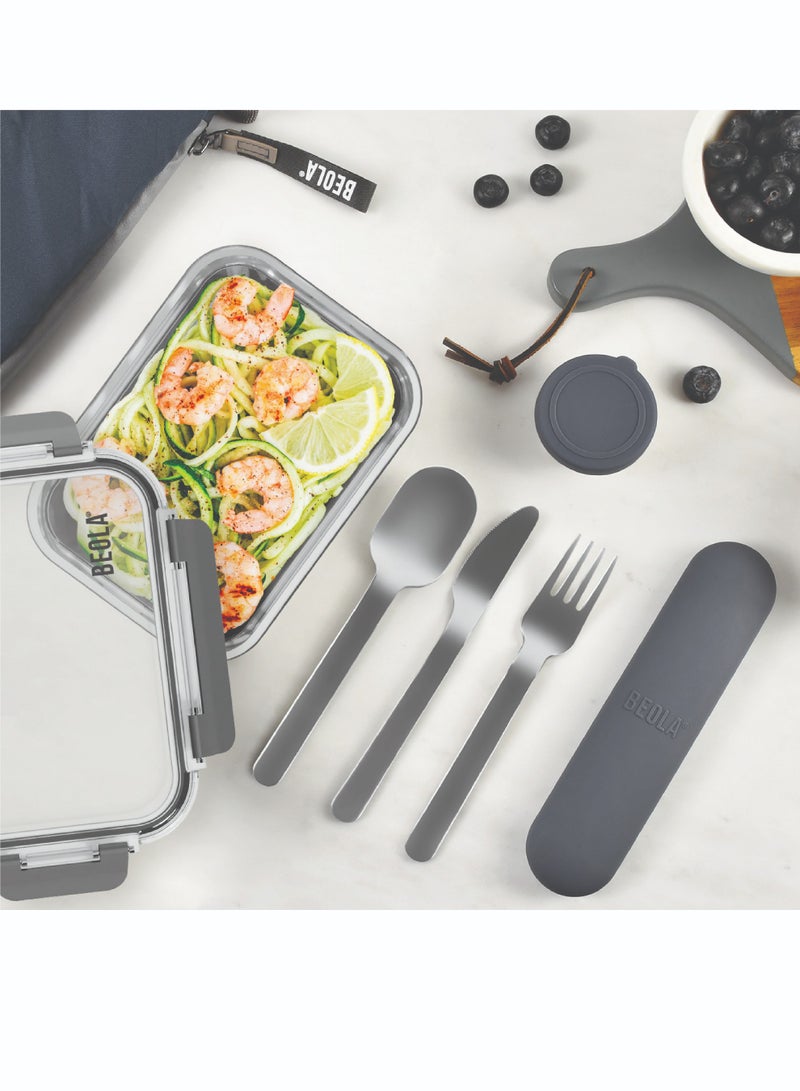 BEOLA Stainless Steel Cutlery Set, Travel Utensils Set with Silicone Case Pouch, Fork Spoon Knife Camping Set, Cutlery Set for Kids School, Set of 4 (Lava Gray)