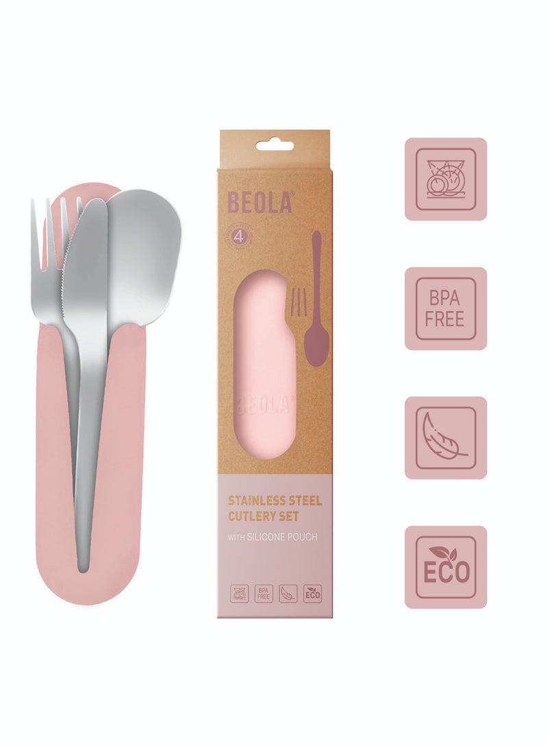 BEOLA Stainless Steel Cutlery Set, Travel Utensils Set with Silicone Case Pouch, Fork Spoon Knife Camping Set, Cutlery Set for Kids School, Set of 4 (Blush Pink)