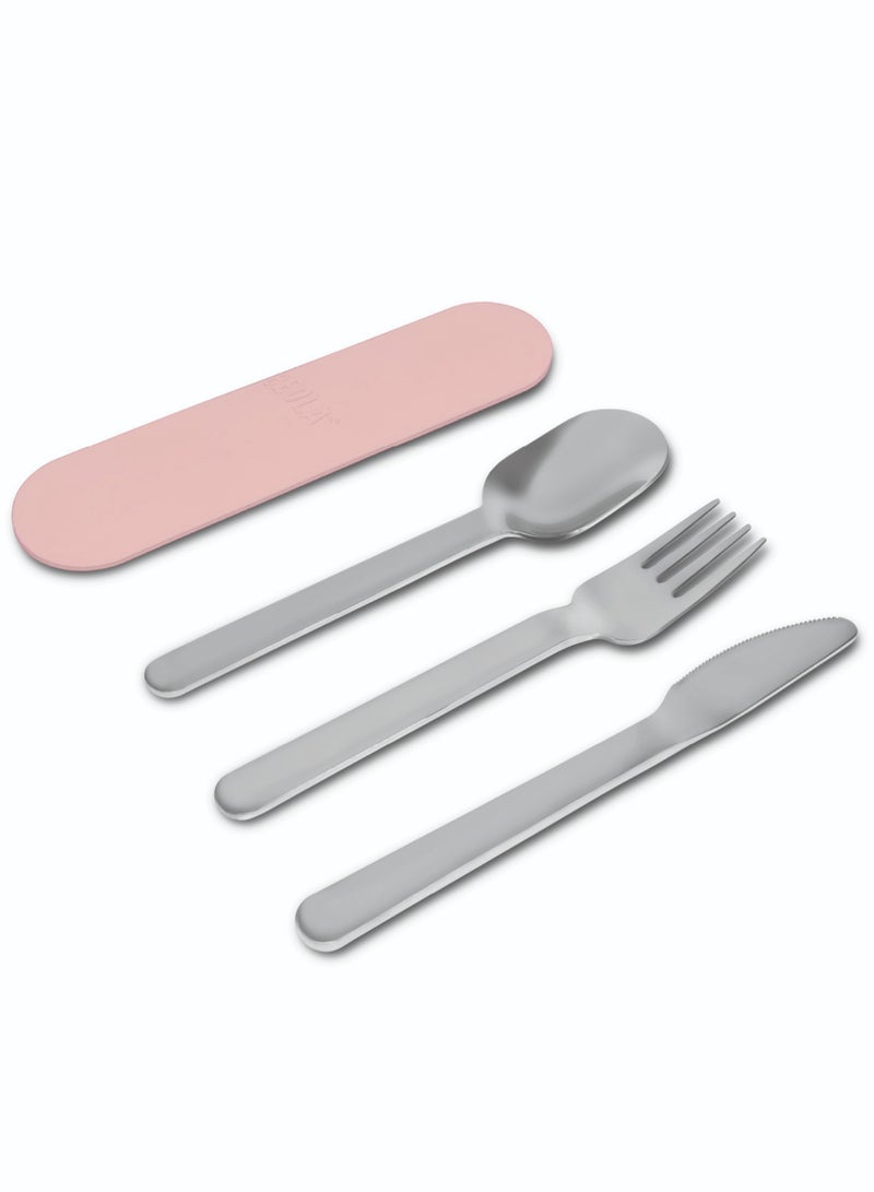 BEOLA Stainless Steel Cutlery Set, Travel Utensils Set with Silicone Case Pouch, Fork Spoon Knife Camping Set, Cutlery Set for Kids School, Set of 4 (Blush Pink)