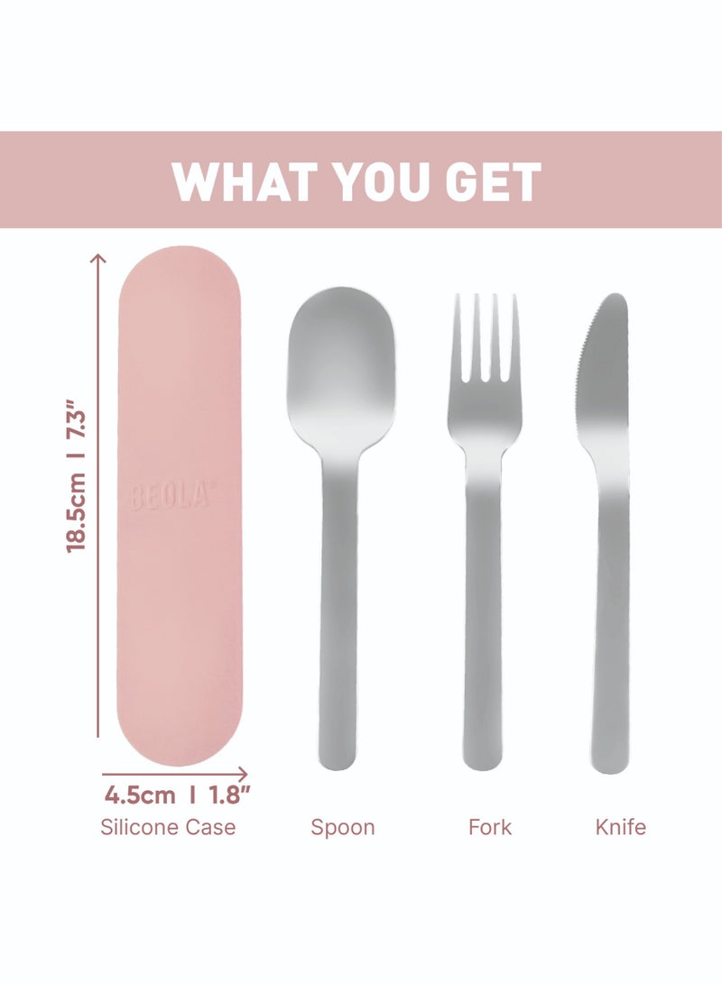 BEOLA Stainless Steel Cutlery Set, Travel Utensils Set with Silicone Case Pouch, Fork Spoon Knife Camping Set, Cutlery Set for Kids School, Set of 4 (Blush Pink)