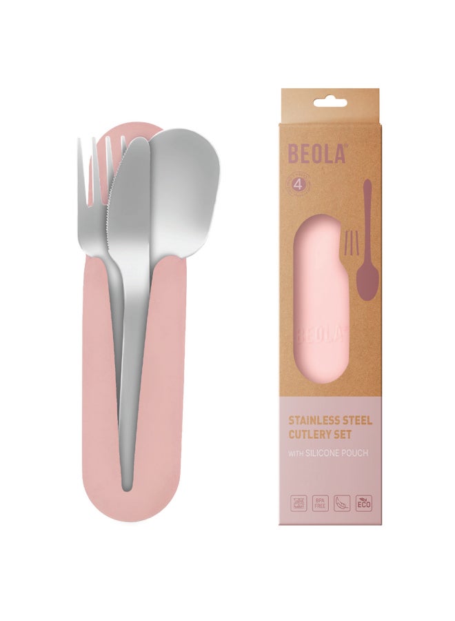 BEOLA Stainless Steel Cutlery Set, Travel Utensils Set with Silicone Case Pouch, Fork Spoon Knife Camping Set, Cutlery Set for Kids School, Set of 4 (Blush Pink)