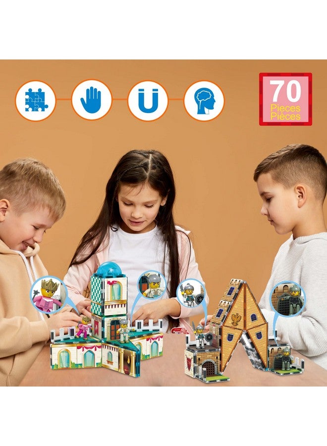 70Pc Middle Age Medieval And Castle Theme Tile 2In1 8 Character Action Figures Magnet Tiles Building Block Pretend Magnetic Play Fine Motor Skill Stem Educational Construction Age3+ Ptq01