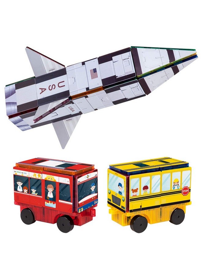 Magnet Building Blocks Stem Learning Construction Toy Set Early Education Kit 3-In-1 Rocket, School Bus, Train Theme Stick-On Puzzle Pretend Play Magnetic Tiles Kids Building Block Toys