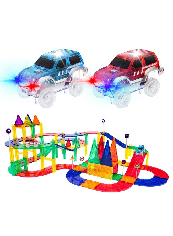 80 Piece Race Car Track Building Block Educational Toy Set Magnetic Tiles Magnet Diy Playset 2 Light Up Car Stem Learning Construction Kit Hand-Eye Coordination Fine Motor Skill Training