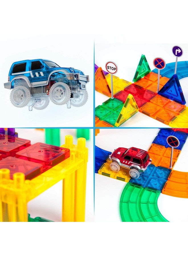 80 Piece Race Car Track Building Block Educational Toy Set Magnetic Tiles Magnet Diy Playset 2 Light Up Car Stem Learning Construction Kit Hand-Eye Coordination Fine Motor Skill Training