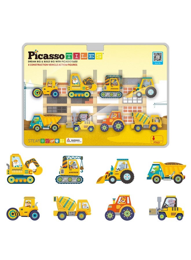 Magnet Building Tile Blocks Addon 8 Magnetized Action Figures Construction Vehicle Zoo Animal Theme Compatible With Magnetic Build Tiles Playset Stem Learning Girls Boys Ages 3+ Pta21