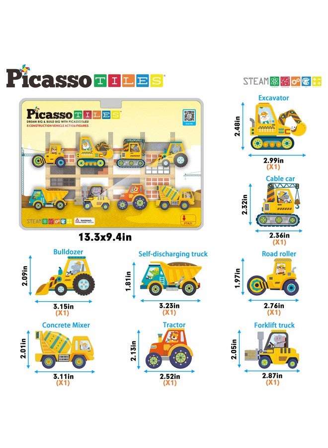 Magnet Building Tile Blocks Addon 8 Magnetized Action Figures Construction Vehicle Zoo Animal Theme Compatible With Magnetic Build Tiles Playset Stem Learning Girls Boys Ages 3+ Pta21