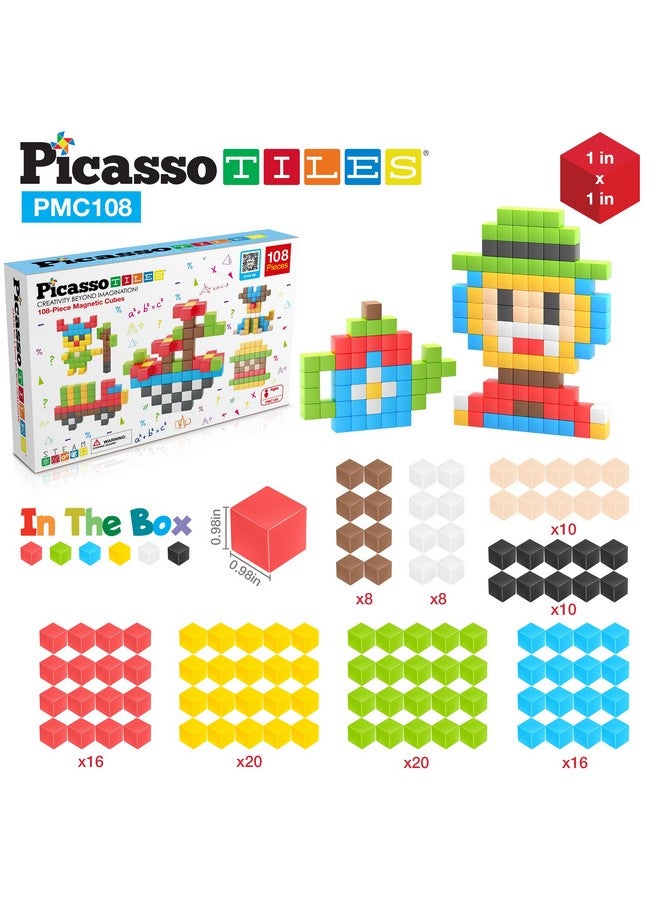 Picasso Cubes 1” Magnetic Puzzle Cubes 108 Piece Magnet Construction Building Block Set Sensory Toy Early Education Stem Learning, Free Ideabook With 50 Ideas, Children Age 3+ Boy Girl Pmc108