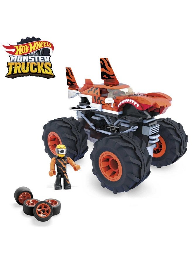 Hot Wheels Monster Trucks Building Toy Playset, Tiger Shark With 187 Pieces, 1 Micro Action Figure Driver, Orange And Black, Kids Age 5+ Years