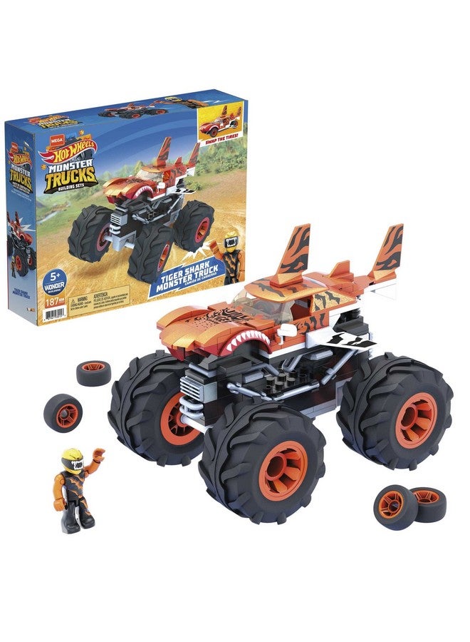 Hot Wheels Monster Trucks Building Toy Playset, Tiger Shark With 187 Pieces, 1 Micro Action Figure Driver, Orange And Black, Kids Age 5+ Years