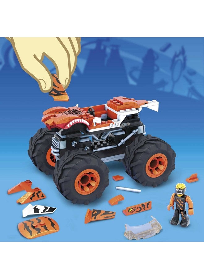 Hot Wheels Monster Trucks Building Toy Playset, Tiger Shark With 187 Pieces, 1 Micro Action Figure Driver, Orange And Black, Kids Age 5+ Years