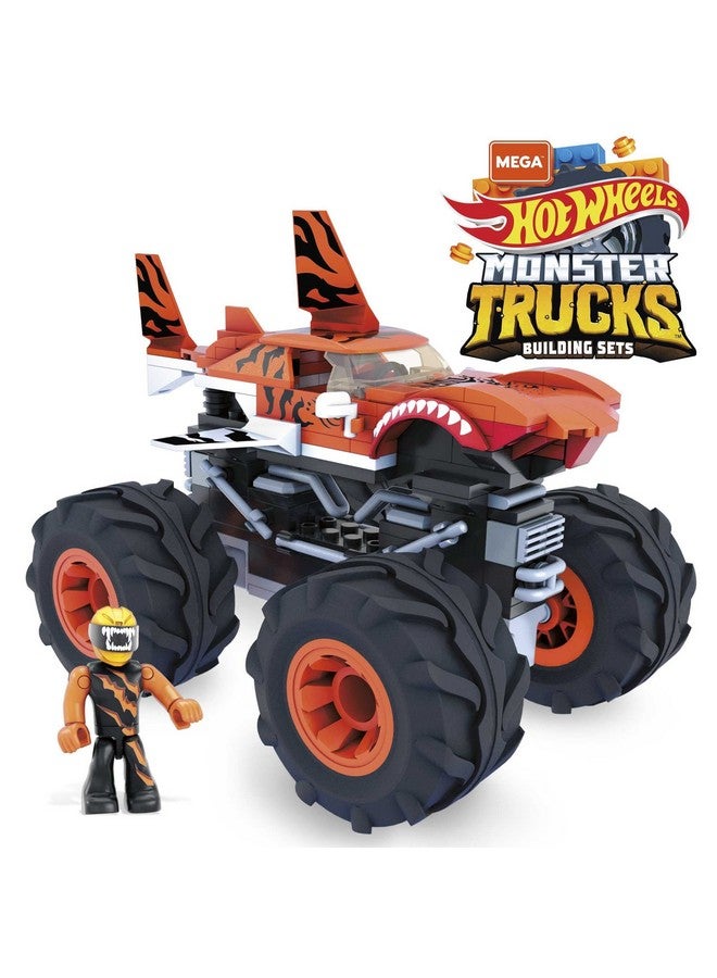 Hot Wheels Monster Trucks Building Toy Playset, Tiger Shark With 187 Pieces, 1 Micro Action Figure Driver, Orange And Black, Kids Age 5+ Years