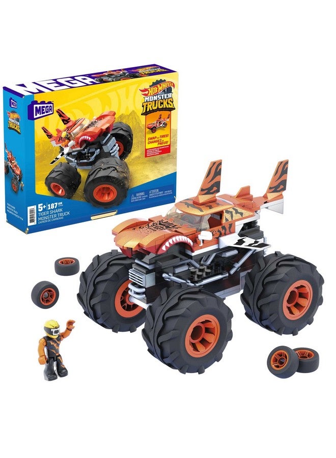 Hot Wheels Monster Trucks Building Toy Playset, Tiger Shark With 187 Pieces, 1 Micro Action Figure Driver, Orange And Black, Kids Age 5+ Years