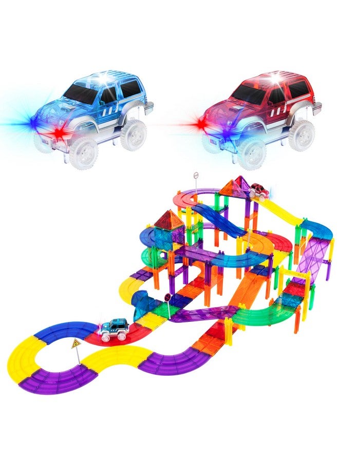 100 Pcs Race Car Track Set Magnetic Toy Building Block With 2 Led Cars With Height Adjustable Roads Signs Education Stem Building Kit Learning Construction Fun For Boys & Girls Ages 3+