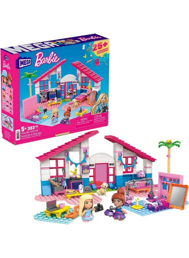 Barbie Building Toys Playset, Malibu Dream House With 303 Pieces, 2 Micro Dolls, Accessories And Furniture, 3 Pets