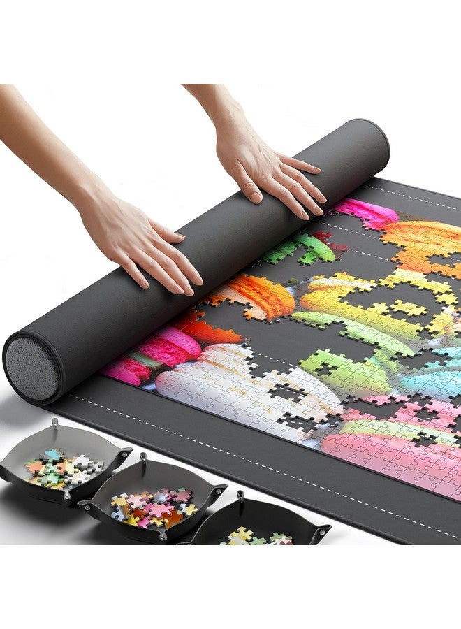 Jigsaw Puzzle Mat Roll Up, Saver Pad 46” X 26” Portable Keeper Up To 1500 Pieces With Non Slip Rubber Bottom And Smooth Polyester Top + 3 Puzzle Sorting Trays And Travel Friendly Storage Bag