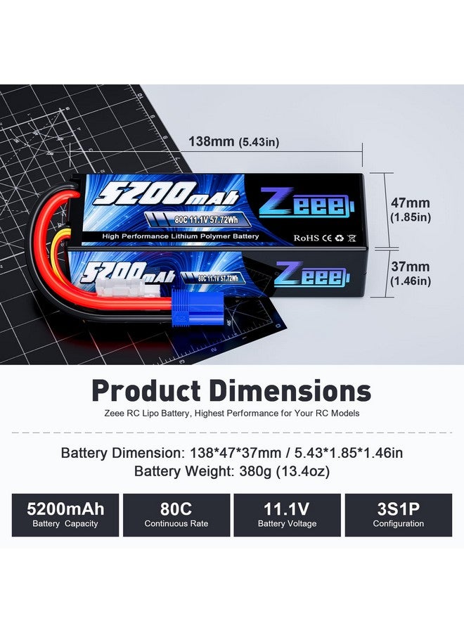 11.1V 80C 5200Mah 3S Lipo Battery With Ec5 Connector Hardcase Battery For Rc Car Boat Truck Helicopter Airplane Racing Models(2 Packs)