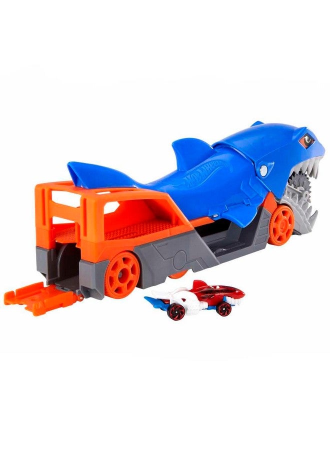 Toy Car Playset, Shark Chomp Transporter & 1:64 Scale Car, Connects To Track & Stores 5 Scale Vehicles