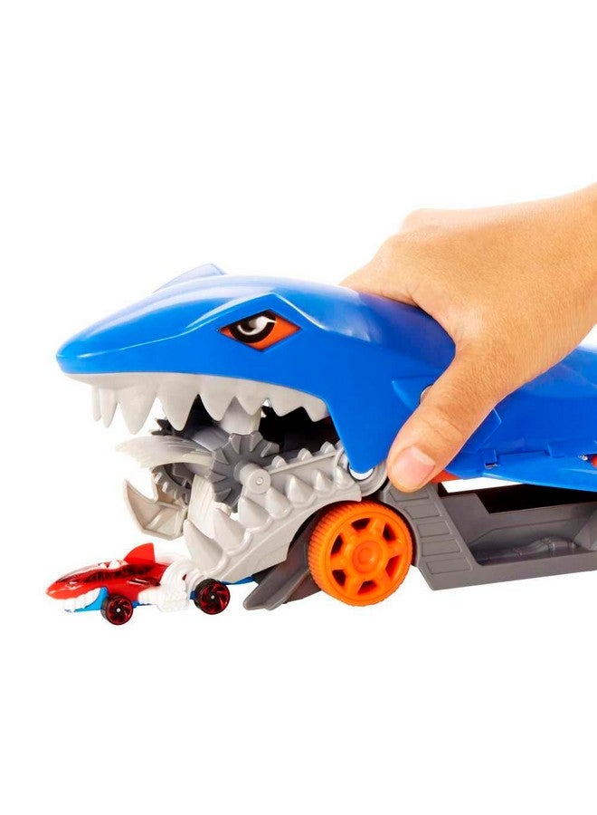 Toy Car Playset, Shark Chomp Transporter & 1:64 Scale Car, Connects To Track & Stores 5 Scale Vehicles