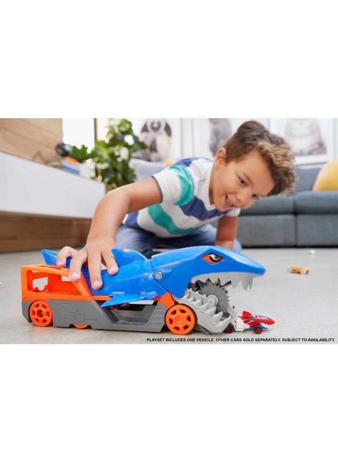 Toy Car Playset, Shark Chomp Transporter & 1:64 Scale Car, Connects To Track & Stores 5 Scale Vehicles