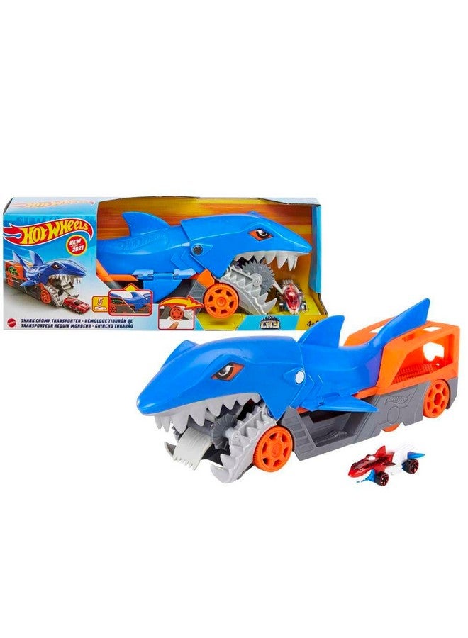 Toy Car Playset, Shark Chomp Transporter & 1:64 Scale Car, Connects To Track & Stores 5 Scale Vehicles