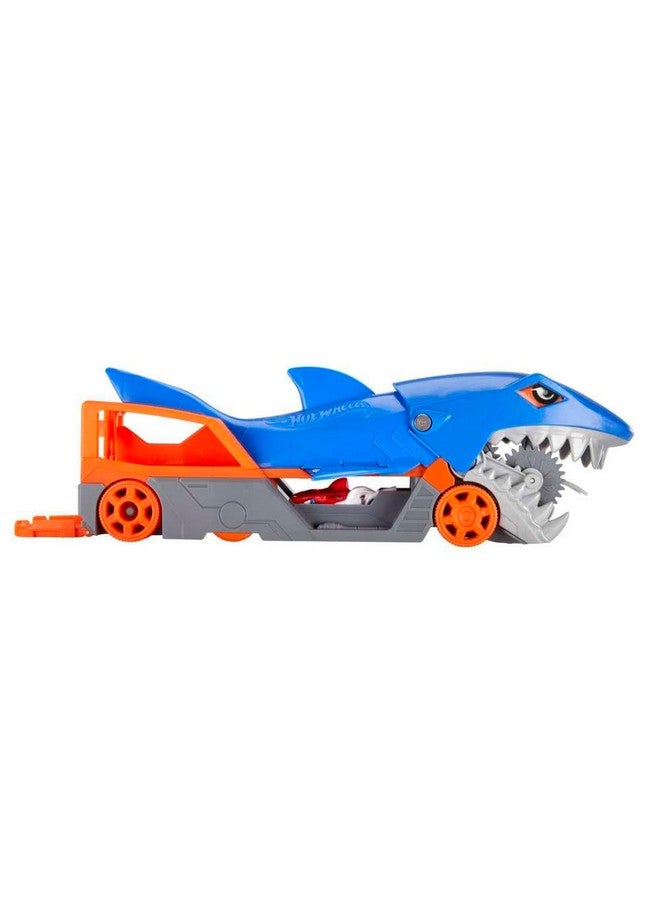 Toy Car Playset, Shark Chomp Transporter & 1:64 Scale Car, Connects To Track & Stores 5 Scale Vehicles