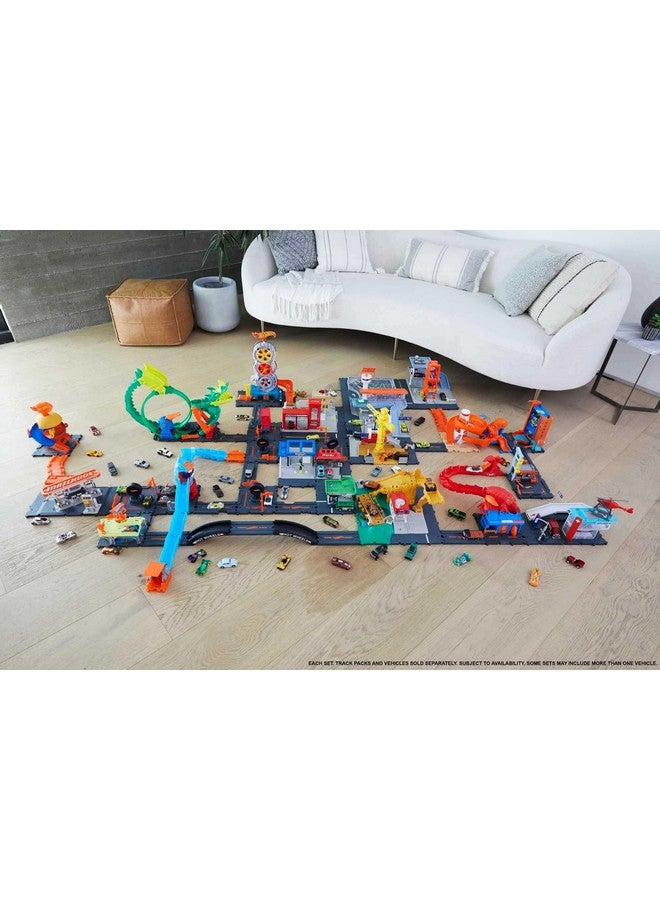 City Toy Car Track Set Downtown Repair Station Playset With 1:64 Scale Vehicle, Working Lift & Launcher