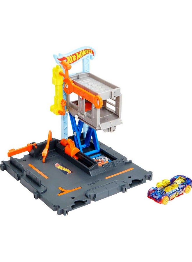 City Toy Car Track Set Downtown Repair Station Playset With 1:64 Scale Vehicle, Working Lift & Launcher