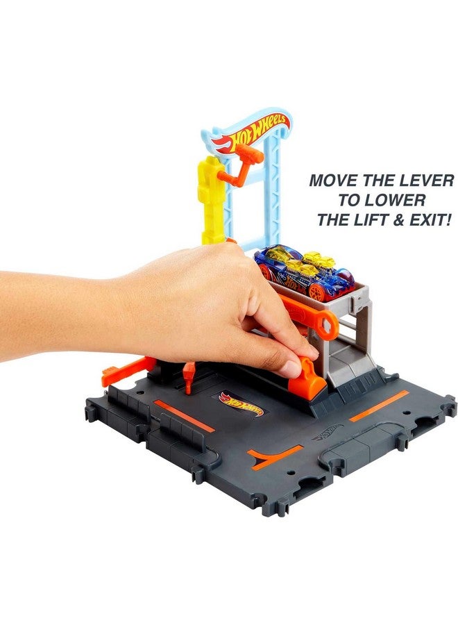 City Toy Car Track Set Downtown Repair Station Playset With 1:64 Scale Vehicle, Working Lift & Launcher