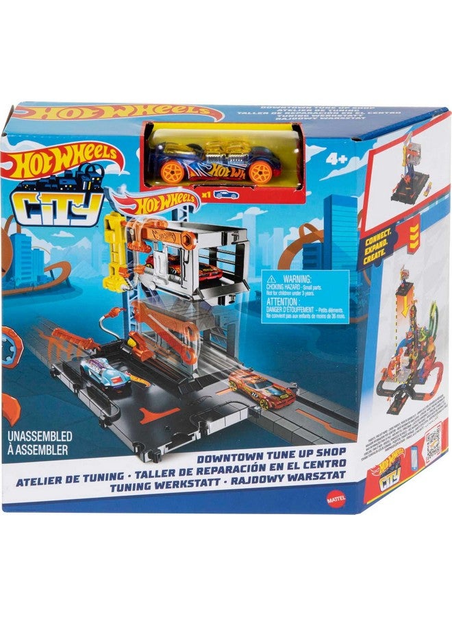 City Toy Car Track Set Downtown Repair Station Playset With 1:64 Scale Vehicle, Working Lift & Launcher