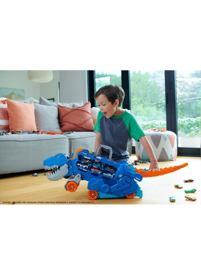 City Toy Car Track Set, Ultimate T Rex Transporter, Dinosaur Hauler For 20+ Vehicles, Semi Transforms Into Dino With Lights & Sounds