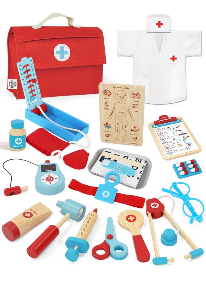 Kids Doctor Set, Wooden Doctor Kit For Toddlers, Pretend Play Medical Set With Stethoscope, Gift For Kids Toddlers Ages 3 4 5 6 Year Old