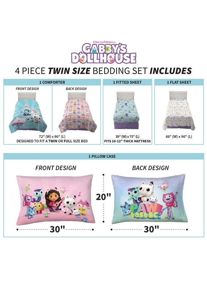 Dreamworks Gabby'S Dollhouse Cakey, Mercat And Pandy Kids Bedding Super Soft Comforter And Sheet Set, 4 Piece Twin Size, By Franco